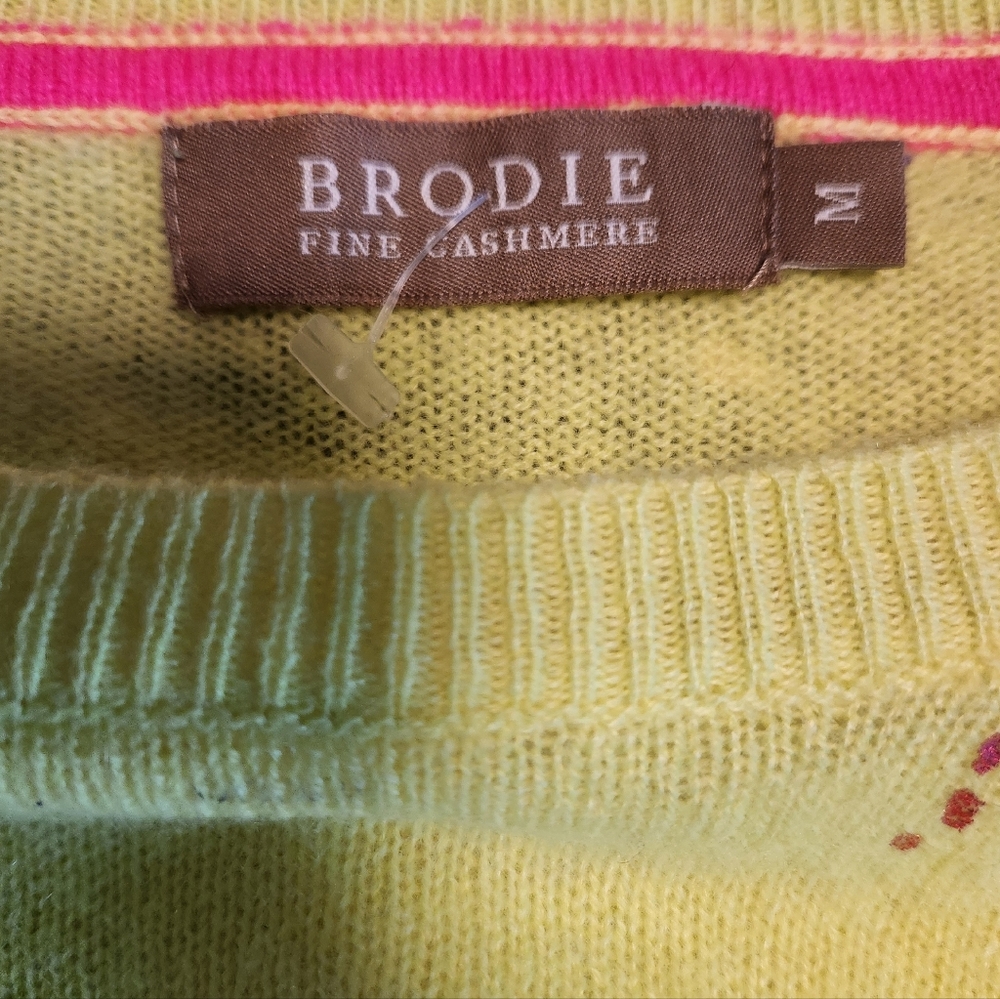 Brodie Fine Cashmere Neon Yellow Rainbow Foil Paint Splatter Sweater Med Luxury - Picture 4 of 11